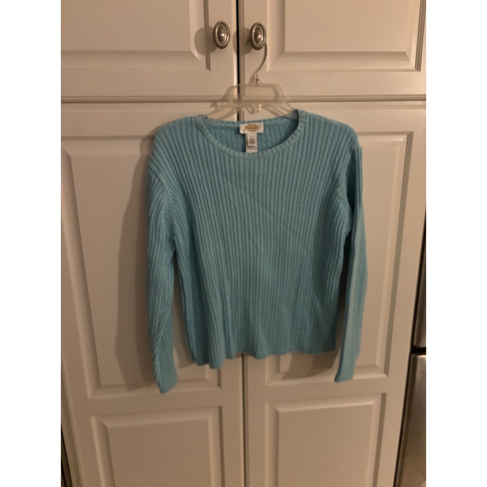 Talbots Womens Light Blue 100% Cotton Cable Knit Crew Neck Sweater Size L